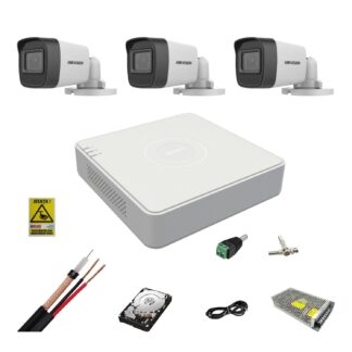 Kit Supraveghere - Kit complet supraveghere 5MP Hikvision cu 3 camere Bullet IR 25m, alimentatori, cabluri, mufe, HDD 500 Gb, vizualizare pe internet