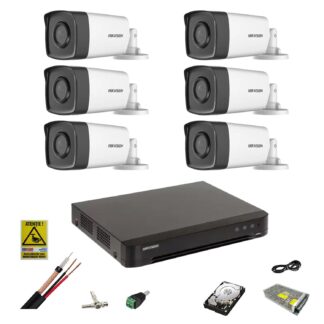 Kit Supraveghere - Sistem de supraveghere Hikvision 6 camere 5MP 2.8mm, IR 40m, DVR  8 canale 8MP, accesorii, hard disk 1TB