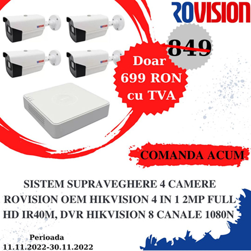 Sistem 4 camere Rovision oem Hikvision 2MP- DVR Hikvision 8 canale
