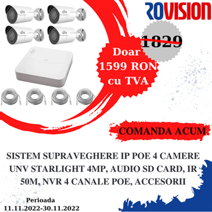 Sistem supraveghere IP PoE 4 camere UNV Starlight 4MP- Audio- NVR 4 canale PoE- accesorii