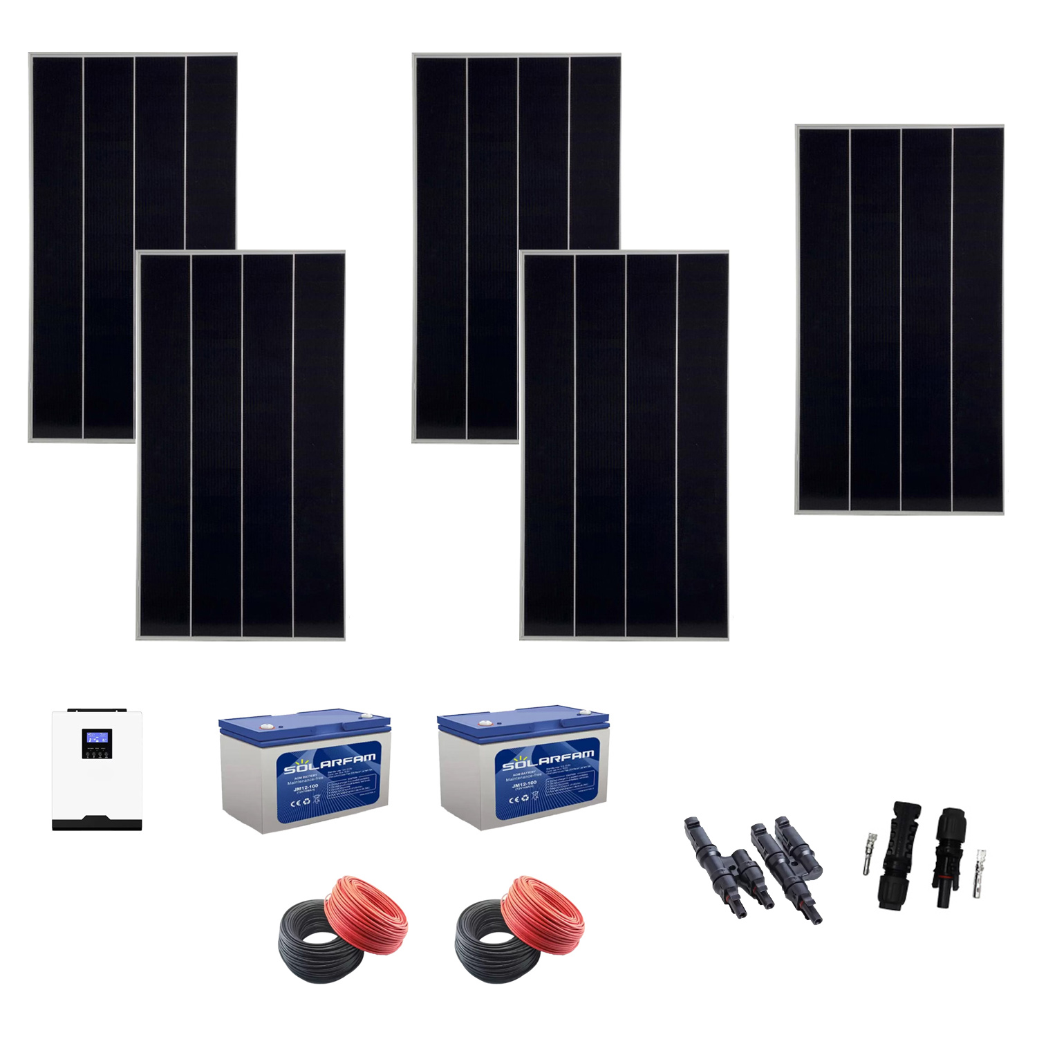 Sistem OFF GRID 1kw cu 5 panouri fotovoltaice 170W, invertor tensiune, acumulator AGM 100Ah, cabluri conexiune, conectori MC4