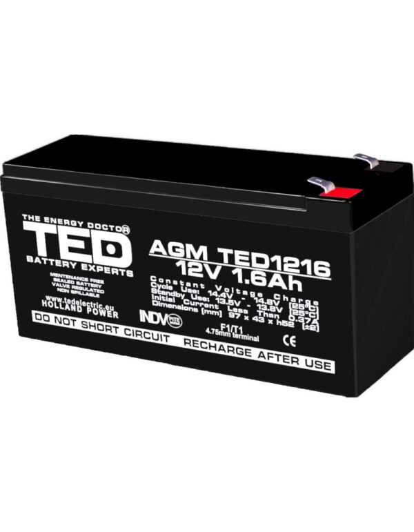 Acumulator AGM VRLA 12V 1,6A dimensiuni 97mm x 47mm x h 50mm F1 TED Battery Expert Holland TED003072 (20) [1]