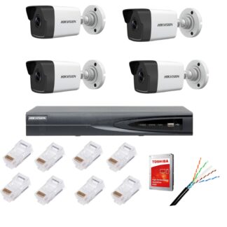 DVR si NVR - Kit supraveghere complet cu 4 camere IP, 4MP, lentilă 2.8mm, IR 30m, NVR 4canale IP rezoluție 4k, accesorii