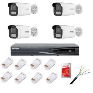 Kit supraveghere IP cu 4 camere ColorVu, 4MP, lentilă 4mm, lumină albă 50m, NVR cu 4 canale IP 4K, accesorii, HIKVISION [1]