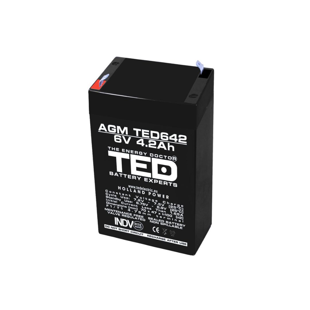Acumulator AGM VRLA 6V 4,2A dimensiuni 70mm x 48mm x h 101mm F1 TED Battery Expert Holland TED002914 (20)