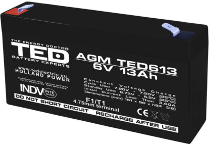 Acumulator AGM VRLA 6V 13A dimensiuni 151mm x 50mm x h 95mm F1 TED Battery Expert Holland TED003010 (10) [1]