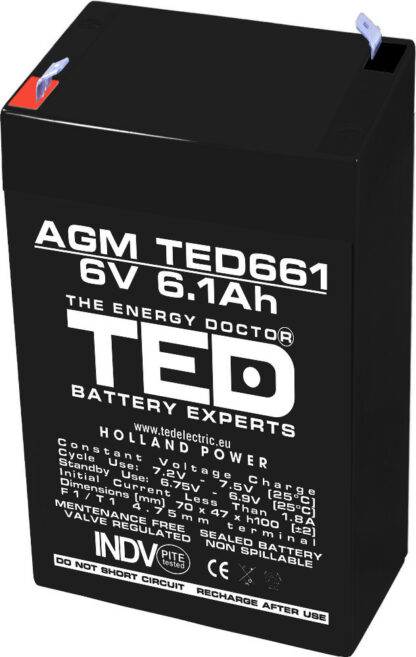 Acumulator AGM VRLA 6V 6,1A dimensiuni 70mm x 48mm x h 101mm F1 TED Battery Expert Holland TED002938 (20) [1]