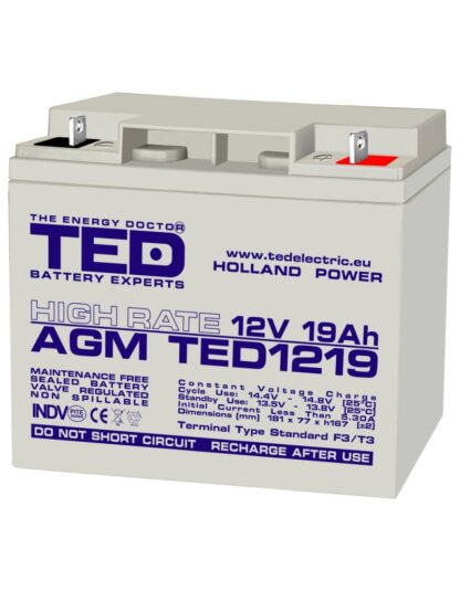 Acumulator AGM VRLA 12V 19A High Rate 181mm x 76mm x h 167mm F3 TED Battery Expert Holland TED002815 (2) [1]