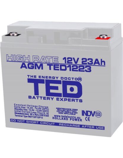 Acumulator AGM VRLA 12V 23A High Rate 181mm x 76mm x h 167mm M5 TED Battery Expert Holland TED003362 (2) [1]