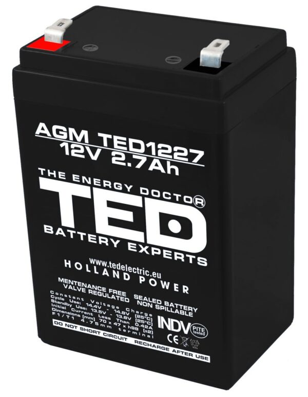 Acumulator AGM VRLA 12V 2,7A dimensiuni 70mm x 47mm x h 98mm F1 TED Battery Expert Holland TED003119 (20) [1]