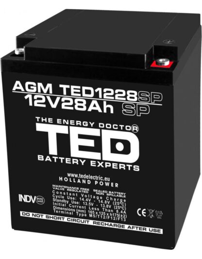 Acumulator AGM VRLA 12V 28A dimensiuni speciale 165mm x 125mm x h 175mm M6 TED Battery Expert Holland TED003430 (1) [1]