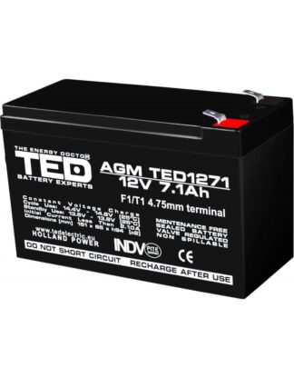 Acumulatori Panouri Fotovoltaice - Acumulator AGM VRLA 12V 7,1A dimensiuni 151mm x 65mm x h 95mm F1 TED Battery Expert Holland TED003416 (5)