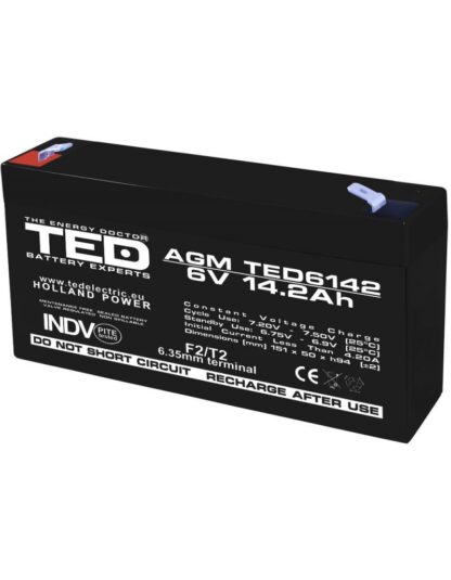 Acumulator AGM VRLA 6V 14,2A dimensiuni 151mm x 50mm x h 95mm F2 TED Battery Expert Holland TED003034 (10) [1]