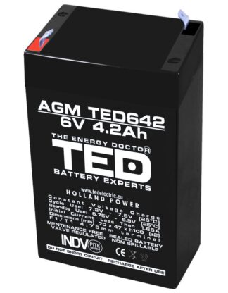 Acumulatori Panouri Fotovoltaice - Acumulator AGM VRLA 6V 4,2A dimensiuni 70mm x 48mm x h 101mm F1 TED Battery Expert Holland TED002914 (20)
