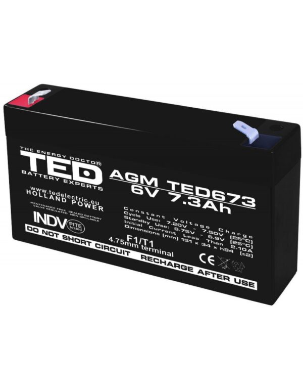 Acumulator AGM VRLA 6V 7,3A dimensiuni 151mm x 35mm x h 95mm F1 TED Battery Expert Holland TED002976 (10) [1]