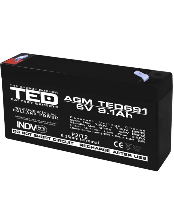 Acumulator AGM VRLA 6V 9,1A dimensiuni 151mm x 34mm x h 95mm F2 TED Battery Expert Holland TED002990 (10) [1]