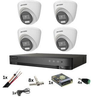 Kit Supraveghere - Sistem de supraveghere Hikvision cu 4 camere Poc, ColorVu 8MP, Lumina color 40M, Lentila 2.8mm, DVR de 4 canale 8 Megapixeli, accesorii