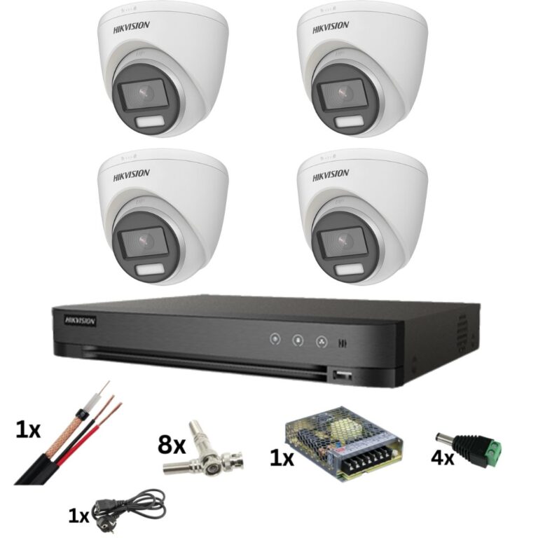 Sistem de supraveghere Hikvision cu 4 camere Poc, ColorVu 8MP, Lumina ...