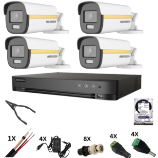 Sistem de supraveghere Hikvision 4k cu 4 camere Poc, ColorVu 8 Megapixeli, Lumina Color 40m noaptea, DVR 4 canale 8 Megapixeli, Hard, Accesorii [1]