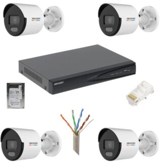 Sistem de supraveghere cu 4 camere Hikvision IP,Lumina alba 30m, PoE, 5MP, lentila 2.8mm, NVR 4 canale IP, Accesorii [1]