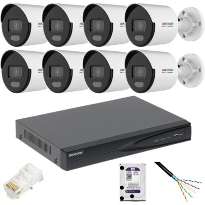 Kit 8 camere de supraveghere Hikvision IP,Lumina alba 30m, PoE, 5MP, lentila 2.8mm, NVR 8 canale IP, Accesorii [1]