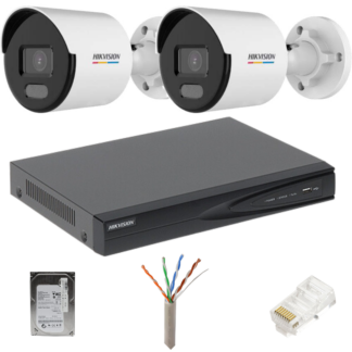 Kit 2 camere de supraveghere Hikvision IP,Lumina alba 30m, PoE, 5MP, lentila 2.8mm, NVR 4 canale IP, Accesorii [1]