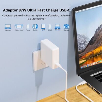 Incărcător MacBook Pro USB Tip C, 87W, Încărcare Rapidă, inclus Cablu USB Tip C 2m, compatibil cu modelele 13/14/15 inch după 2016, MacBook Air după 2018, Alb [1]