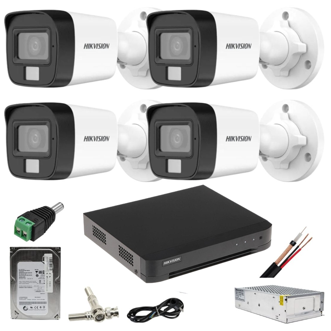 Sistem supraveghere Hikvision 4 camere 5MP Dual Light WL 20m IR 25m DVR cu accesorii incluse HDD 500GB