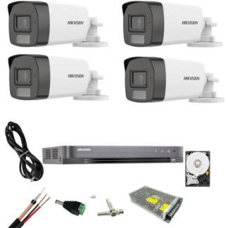 Kit supraveghere Hikvision 4 camere 5 MP de exterior, IR 40 m, analog, DVR 8 canale, HDD 500 GB inclus, complet