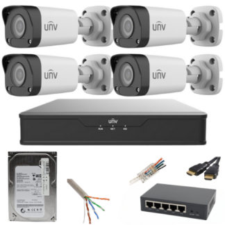 Sistem supraveghere UNV 4 camere IP 5MP IR 30M PoE NVR 4 canale cu accesorii HDD 500GB incluse