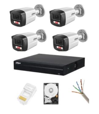 Sistem supraveghere complet Dahua 4 camere IP 4 MP Dual Light IR 30m WL 30m Microfon NVR 4 canale HDD si accesorii instalare incluse