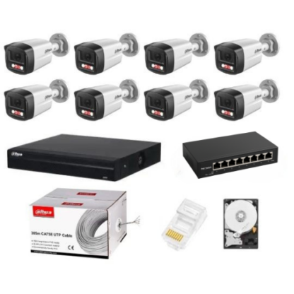 Sistem supraveghere complet Dahua 8 camere IP 4MP Dual Light 30m Microfon NVR 8 canale HDD si accesorii instalare incluse [1]