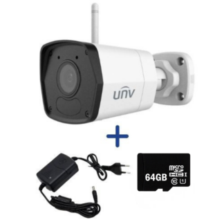 Sistem supraveghere o camera UNV Wi-Fi 2MP Smart IR 30m microfon, sursa 12V, card memorie 64GB