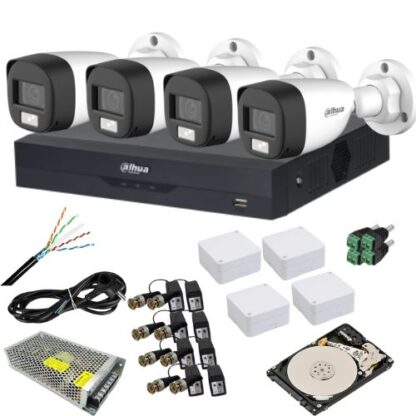 Kit analog Dahua 4 camere analog 5MP IR 20m lumina alba 20m lentila 3.6mm, DVR 4 canale 5MP, sursa 12V 10A, video balun, doza, cablu UTP CAT5, mufe, HDD 1TB [1]