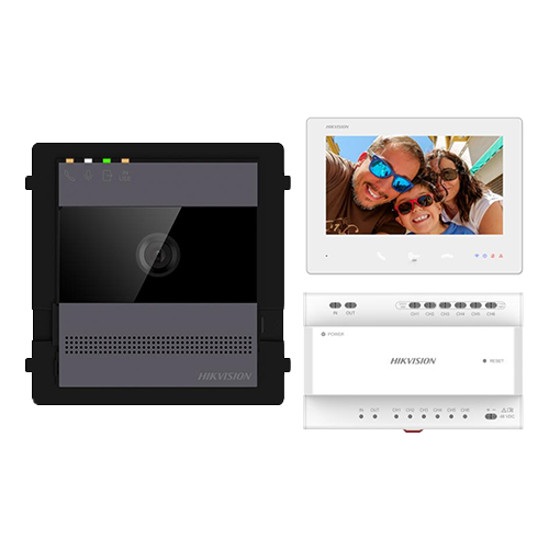 Kit videointerfon 2 fire pentru 1 familie, monitor 7 inch, Alarma, IK08, Card 32GB, Al - Hikvision DS-KIS704EY-AL