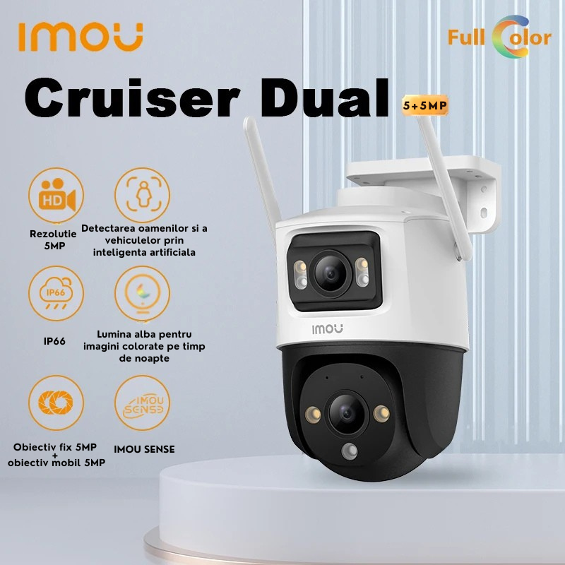 Camera IP rotativa exterior Wi-Fi, 5+5MP, lentila duala, sirena, auto smart tracking, IR 30m, lumina alba 30m, microfon, difuzor, detectie vehicul/om -  IMOU Cruiser Dual [1]
