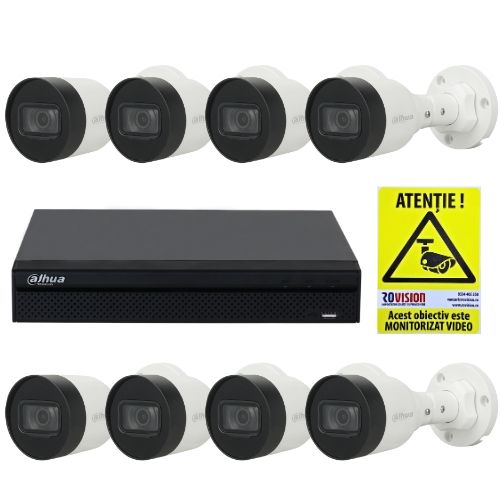 Kit supraveghere IP Dahua pentru exterior 8 camere 2MP PoE Infrarosu 30m IP67 Lentila 2.8mm, NVR 8 canale PoE 12MP SMD Plus + Autocolant ROVISION
