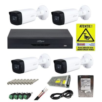 Kit supraveghere profesional Dahua 4 camere 2MP IR 40m IP67, DVR 4 canale WizSense 5MP, HDD 1TB, accesorii montaj si autocolant ROVISION [1]