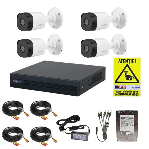 Sistem supraveghere complet de exterior Dahua 4 camere 2MP IR 20m Lentila 3.6mm, DVR 4 canale 1080N/720p WizSense, accesorii montaj, HDD 500GB + CADOU Autocolant Rovision [1]