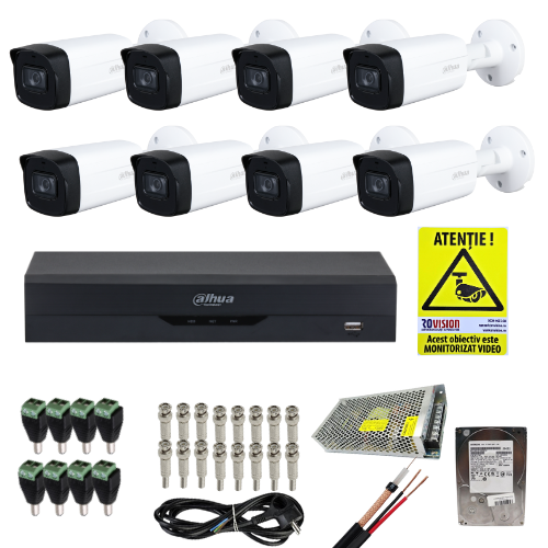 Kit supraveghere profesional Dahua 8 camere 2MP IR 80m IP67, DVR 8 canale WizSense 5MP, HDD 1TB, accesorii montaj si autocolant ROVISION