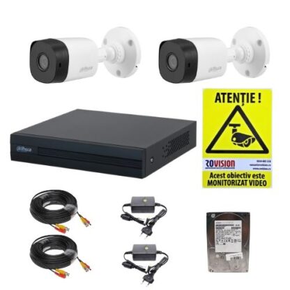 Kit supraveghere Dahua 2 camere 2MP lentila 3.6mm IR 20m IP67, DVR 4 canale WizSense 1080N/720p, accesorii montaj, HDD 500GB + CADOU Autocolant ROVISION [1]