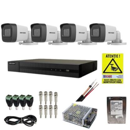 Kit complet supraveghere 5 MP Hikvision Turbo HD cu 4 camere Bullet IR 30 m, alimentator, cabluri, mufe, HDD 1 Tb, vizualizare pe internet [1]