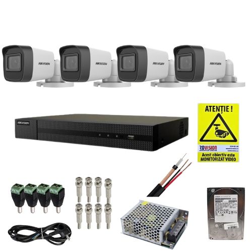 Kit complet supraveghere 5 MP Hikvision Turbo HD cu 4 camere Bullet IR 30 m, alimentator, cabluri, mufe, HDD 1 Tb, vizualizare pe internet