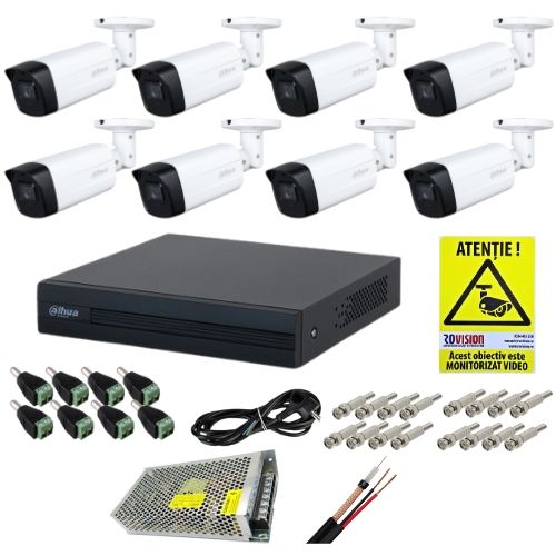 Kit supraveghere complet Dahua 8 camere 2MP Infrarosu 80 metri IP67, DVR 8 canale WizSense 1080N/720p, accesorii montaj + CADOU Autocolant Rovision