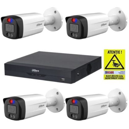Kit supraveghere simplu Dahua 4 camere 5MP Alarma Microfon Smart Dual Light IR 40m Lumina Alba 40m Lentila 3.6mm, DVR 4 canale 8MP 4K Audio WizSense  + CADOU Autocolant Rovision [1]