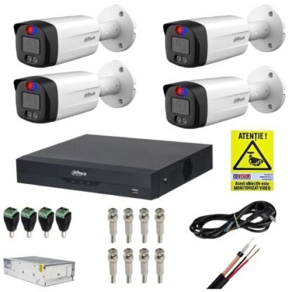 Sistem supraveghere complet Dahua 4 camere 5MP Alarma Microfon Smart Dual Light IR 40m Lumina Alba 40m Lentila 3.6mm, DVR 4 canale 8MP 4K Audio WizSense, Accesorii montaj  + CADOU Autocolant Rovision [1]