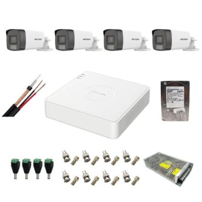 Sistem supraveghere complet Hikvision 4 camere 5MP IR 40m Lumina Alba 40m Microfon, DVR 4 canale 8MP, HDD 1 TB, accesorii montaj [1]