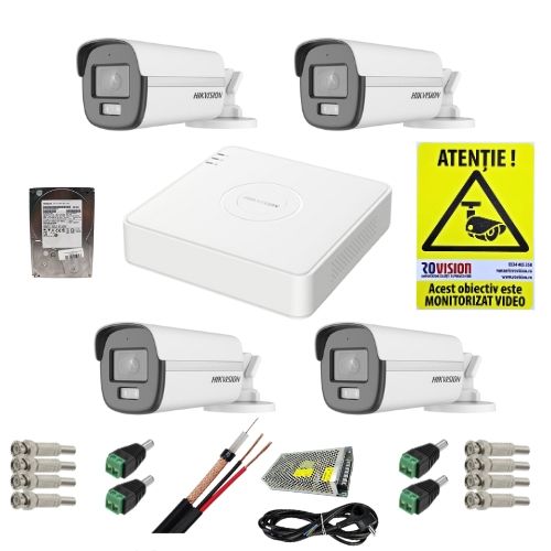 Sistem supraveghere complet Hikvision 4 camere 2MP Dual Light IR 40m Lumina Alba 40m ColorVu Microfon, DVR 4 canale 2MP, accesorii, HDD 1TB + CADOU autocolant Rovision