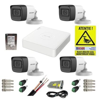 Kit supraveghere complet Hikvision 4 camere 5MP IR 30M Audio, DVR 4 canale 8MP AcuSense, accesorii, HDD 1TB + CADOU Autocolant Rovision [1]