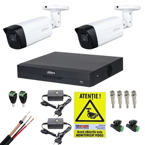 Sistem supraveghere complet Dahua 2 camere 2MP IR 80m lentila 3.6mm, DVR  4 canale 5MP WizSense, accesorii + Cadou Autocolant Rovision